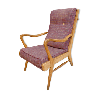 Fauteuil en bois clair et tissu, années 50