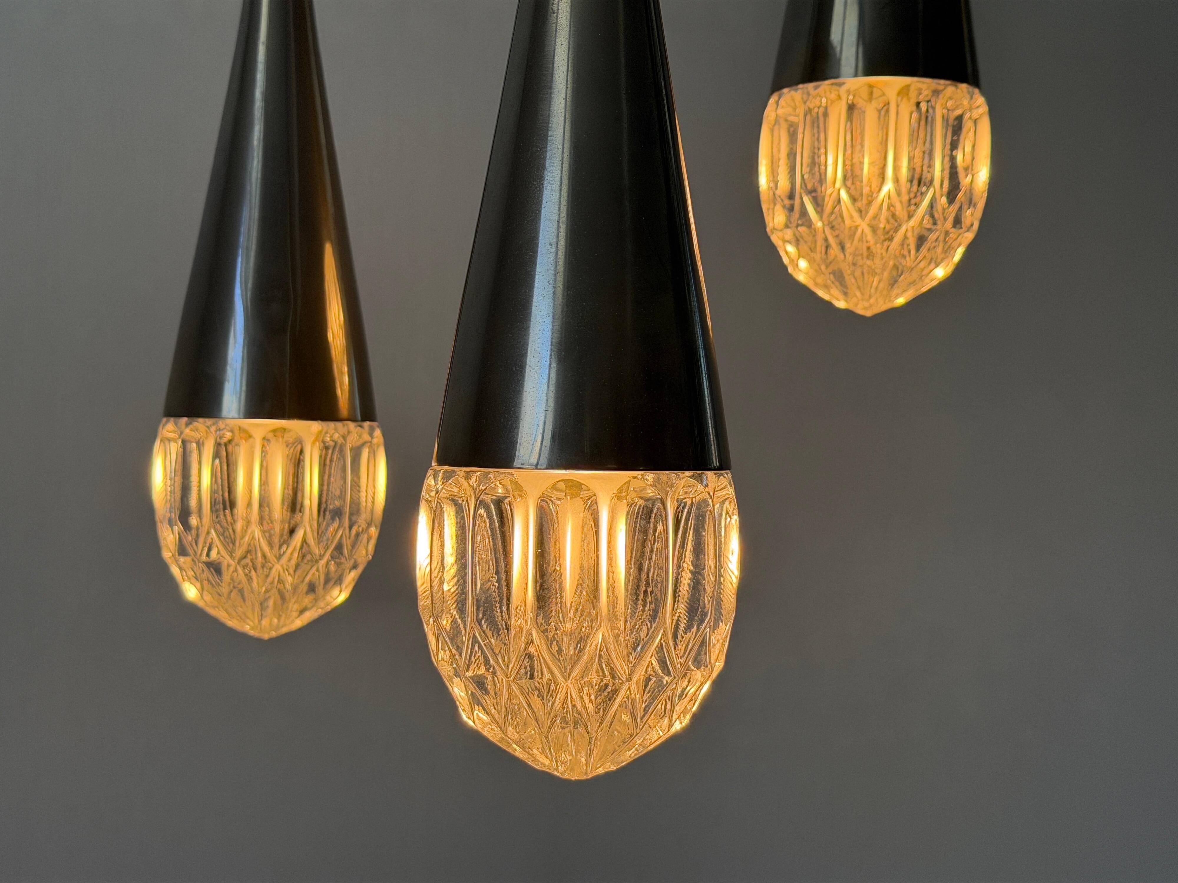Suspended cascade lamp with 3 glass crystal shades and chrome, 1960s, Germany