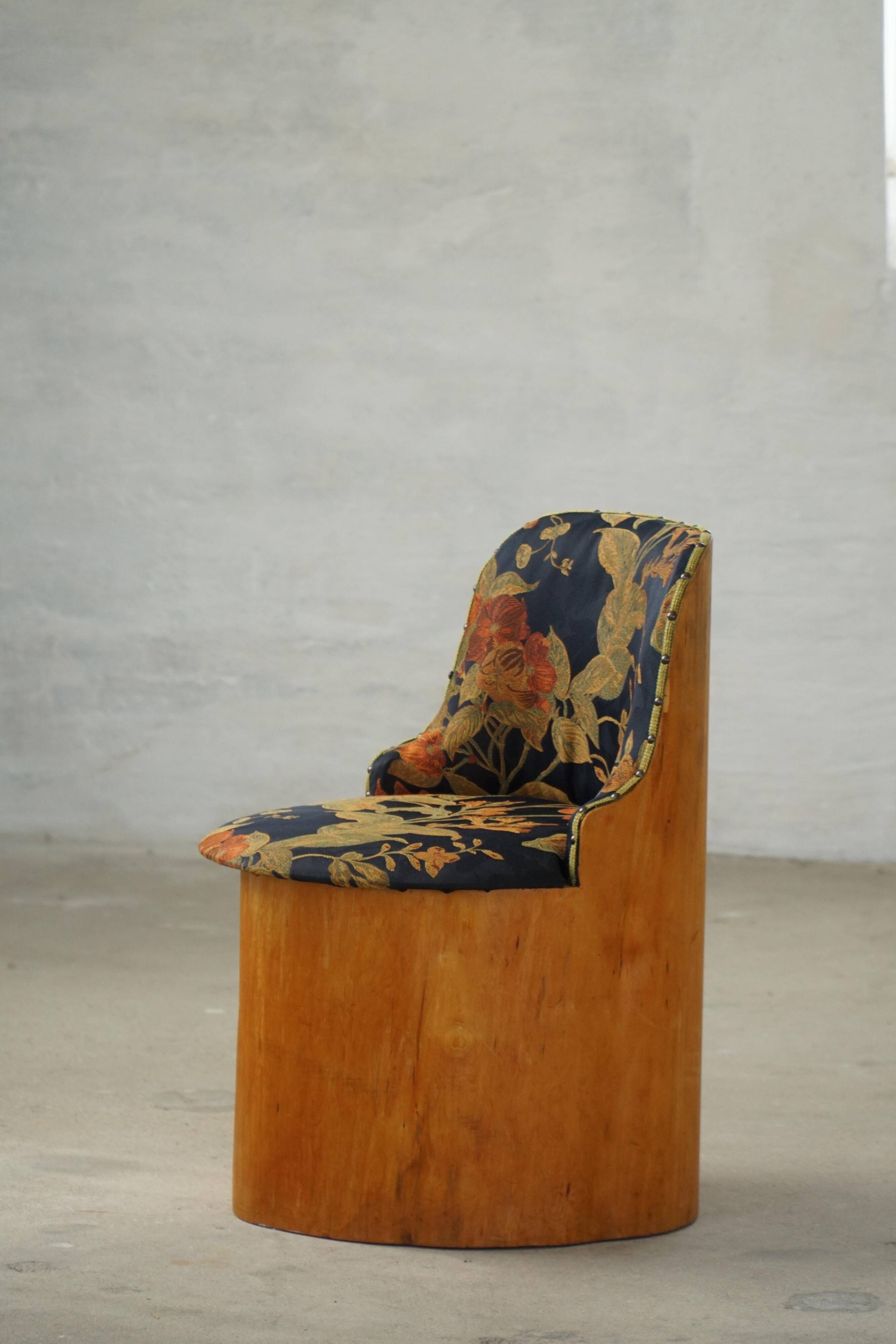 Swedish stump chair / "Kubstol" in pine and floral upholstery, mid-20th century