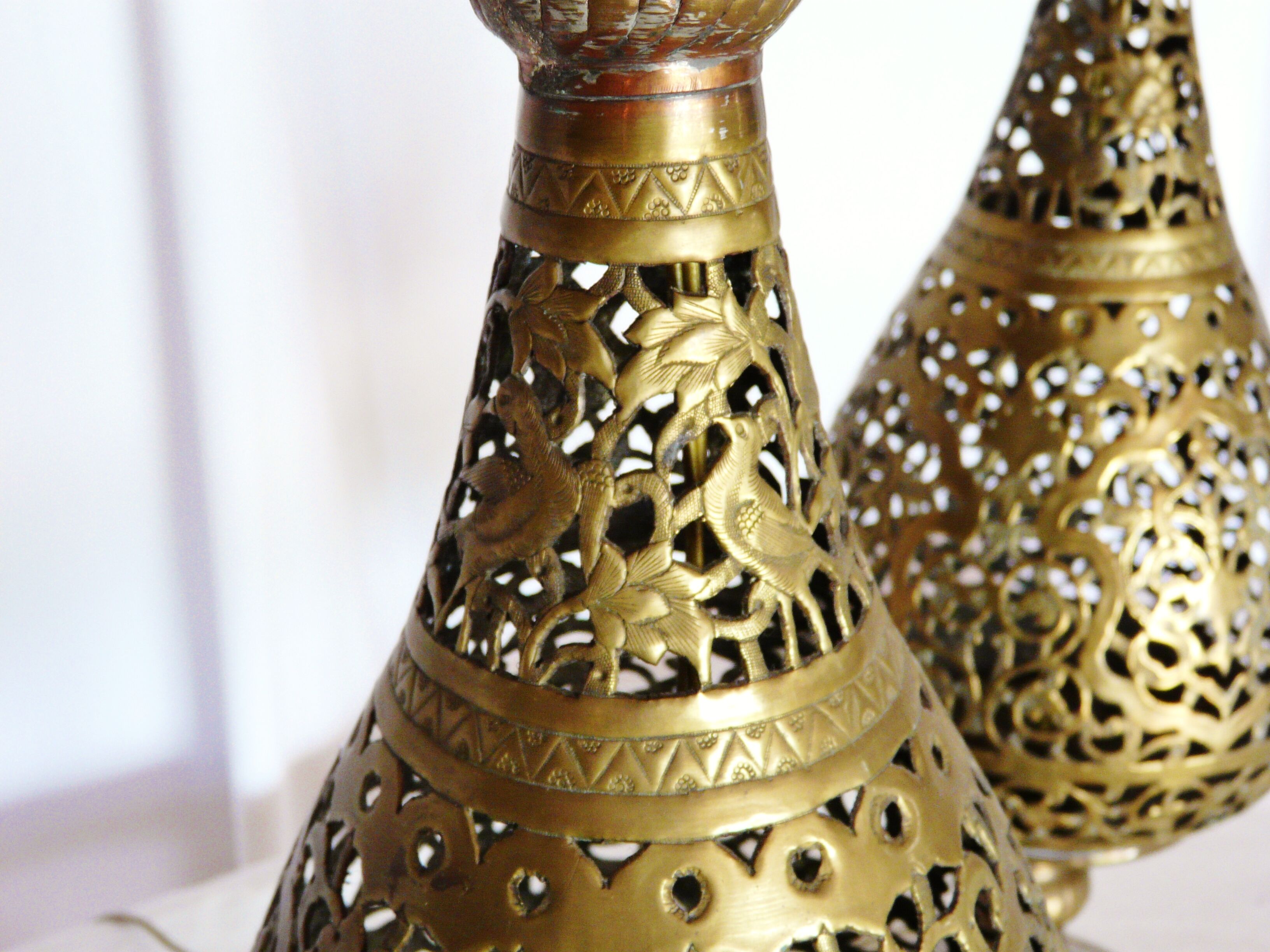 Pair of Oriental lamps carved brass