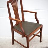 Art Nouveau armchair, wooden armchair with green leather seat, guimard style legs, living room, library