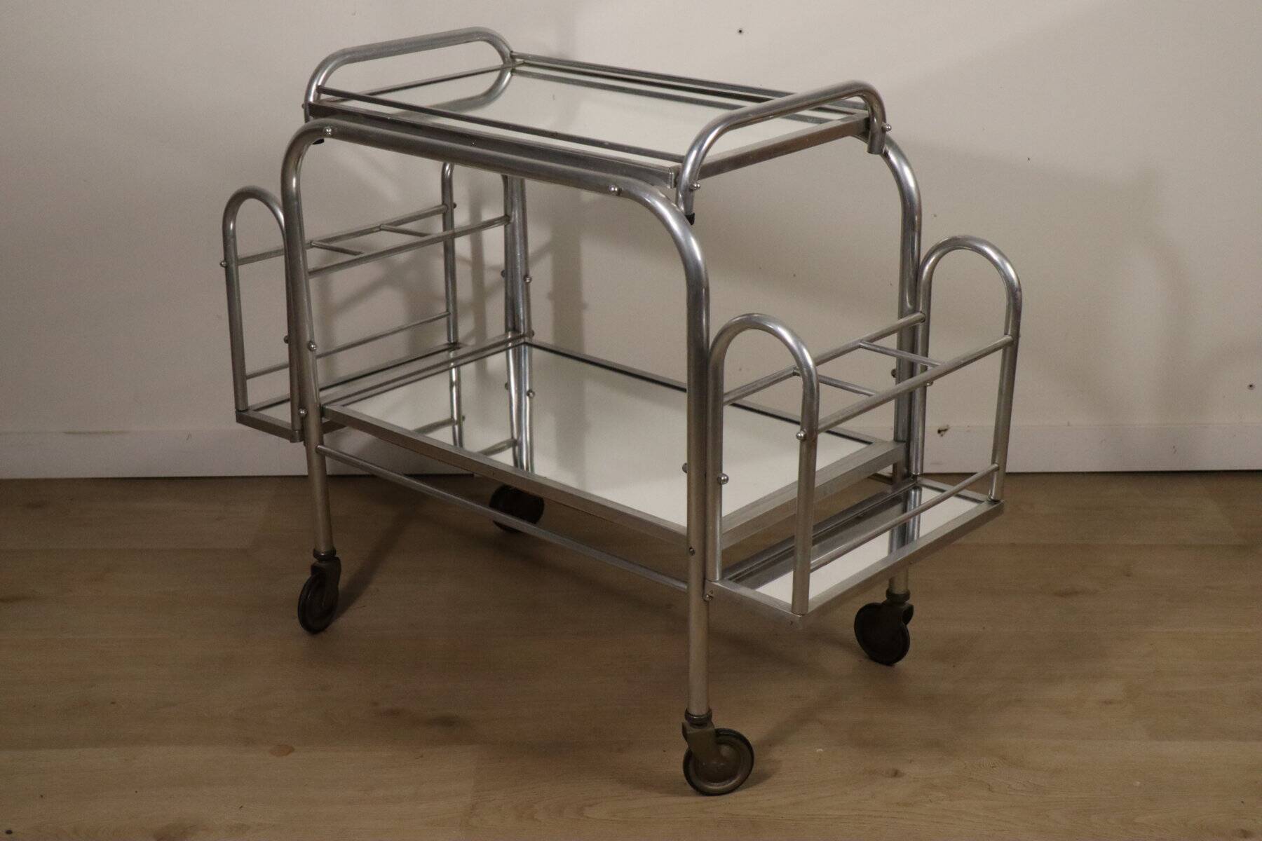 Desserte roulante vintage années 70 en métal chromé et verre miroir