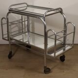 Desserte roulante vintage années 70 en métal chromé et verre miroir