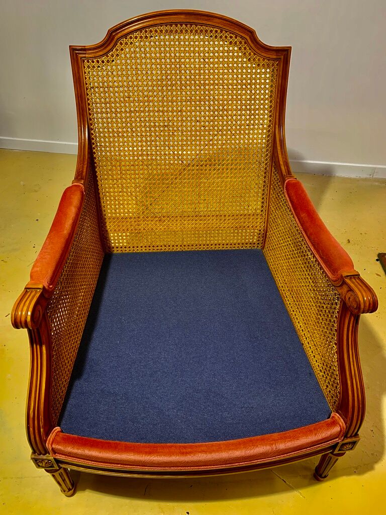 Pair of armchairs in cannage and pink velvet