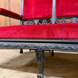 Large Japanese-style sofa in carved wood and red velvet, 19th century