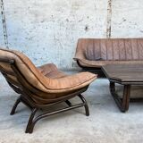 Sofa set with 2 armchairs and coffee table in banbou and leather 1970