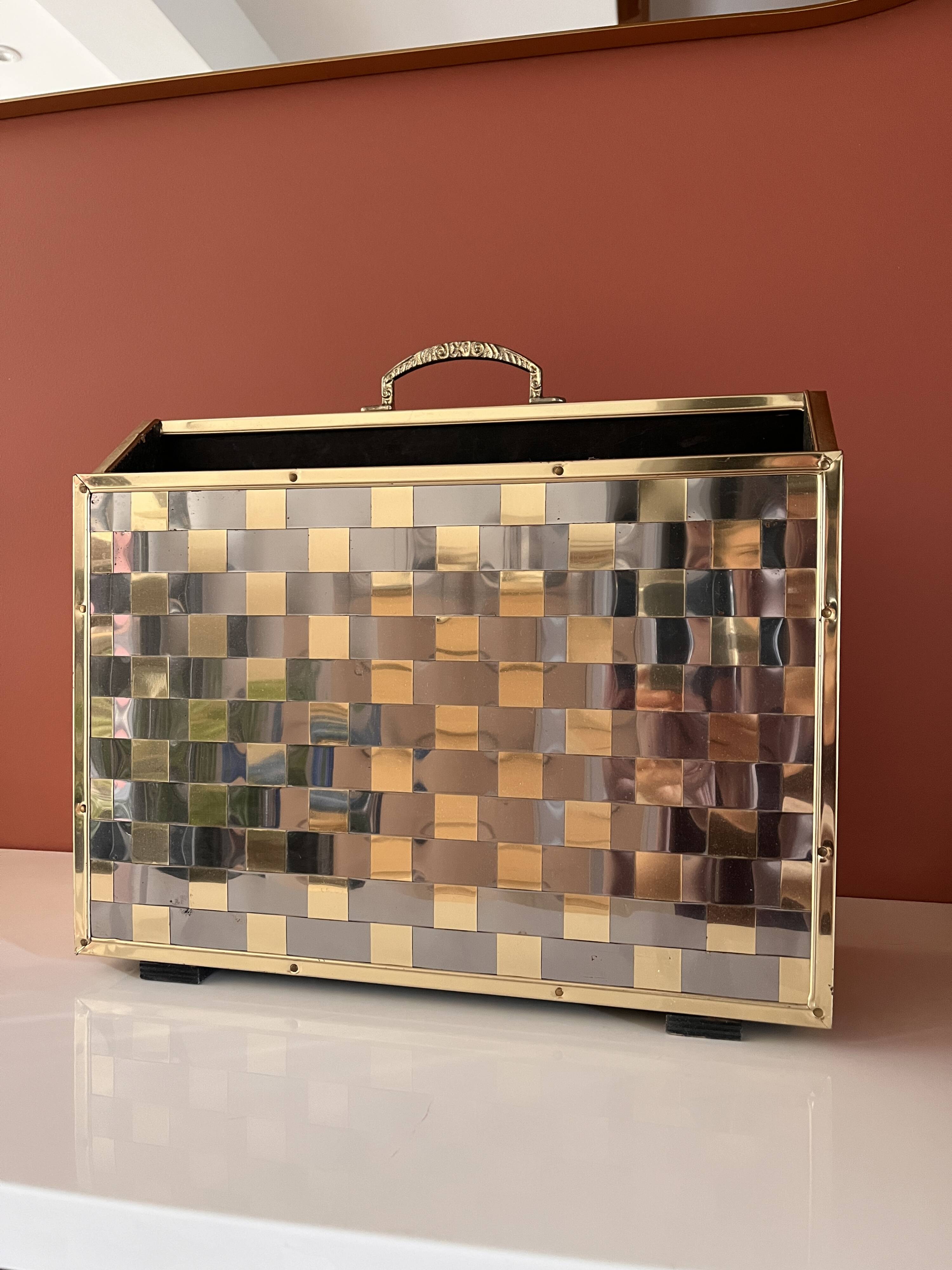 Brass and wood magazine rack in Hollywood Regency style.