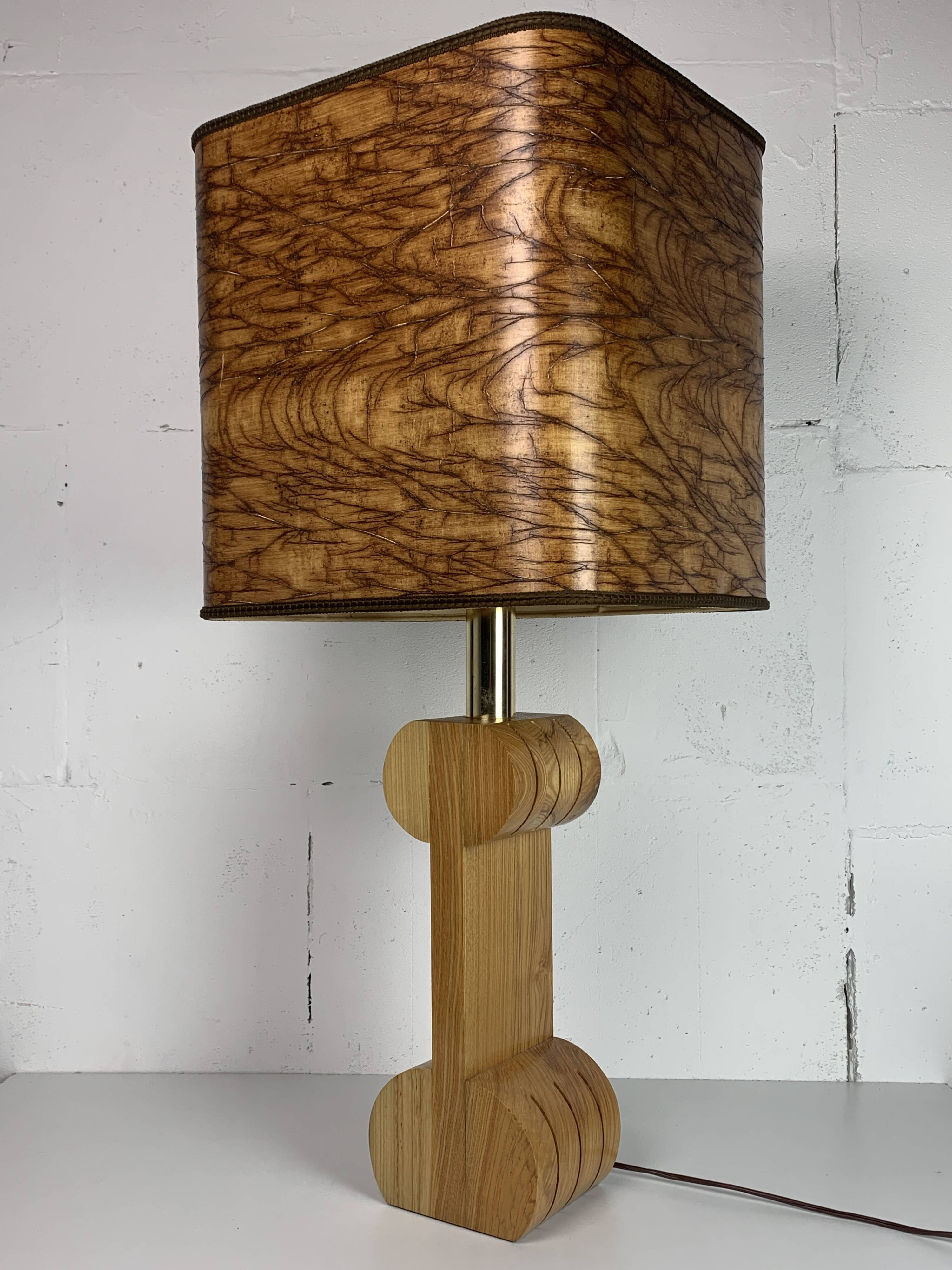 Midcentury Italian sculptural large table lamp with wood veneer shade