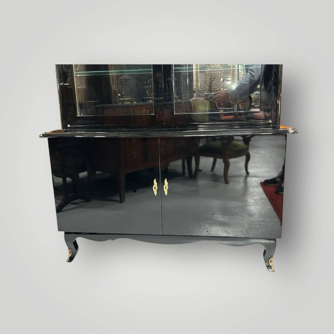 1950s black lacquered two-body display cabinet - bookcase