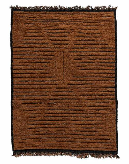 Moroccan Berber Mrirt rug in tobacco brown wool, black weave – 210 × 300.