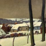 Tableau " village sous la neige ", jean-baptiste scoriel , huile sur toile paysage, 1948
