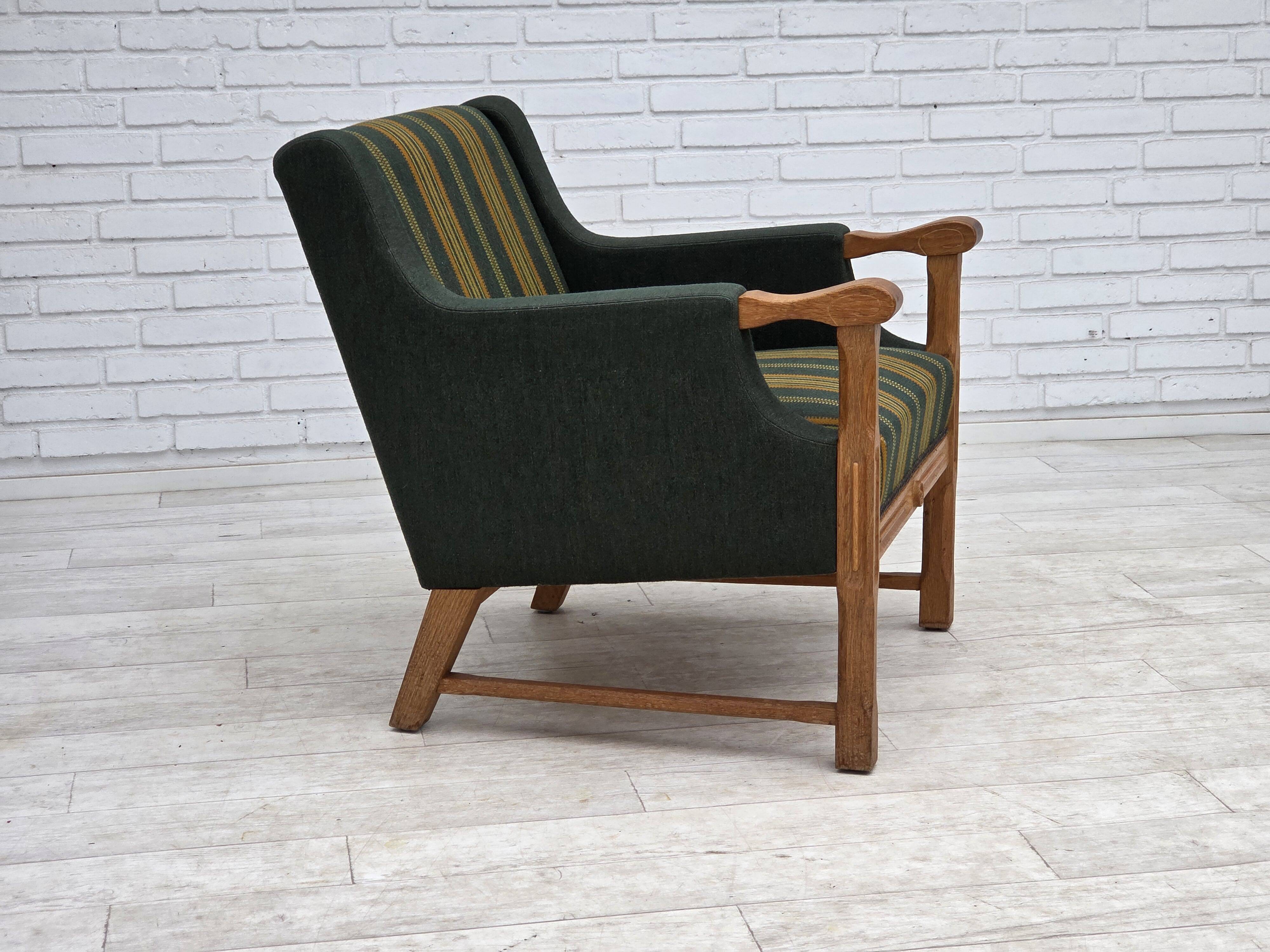 1970s, Danish armchair, green furniture wool, solid oak wood.