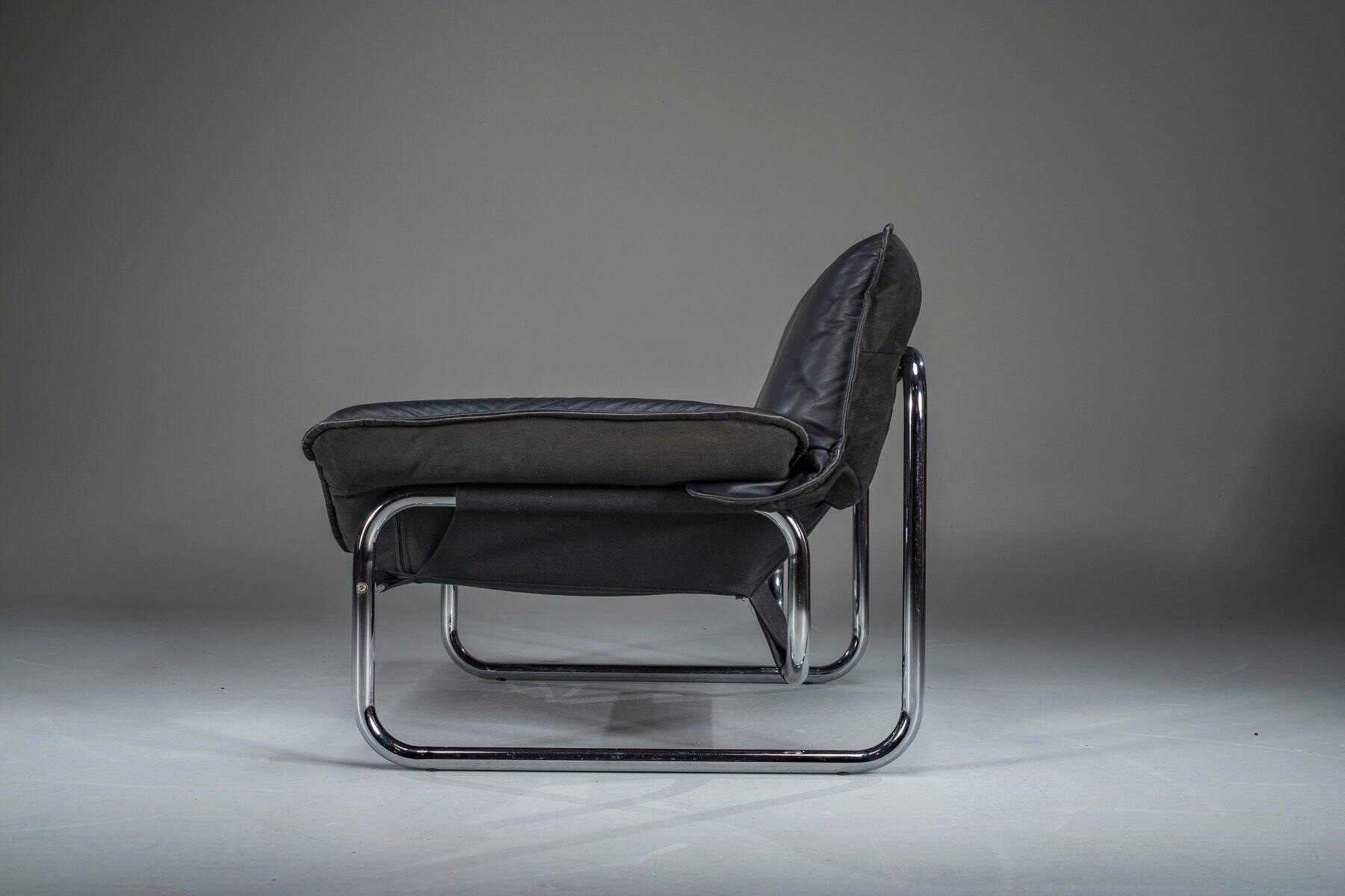 Bauhaus lounge chair in black leather attributed to Johan Bertil Häggström for Swed-Form / Ikea, Sweden, 1970s