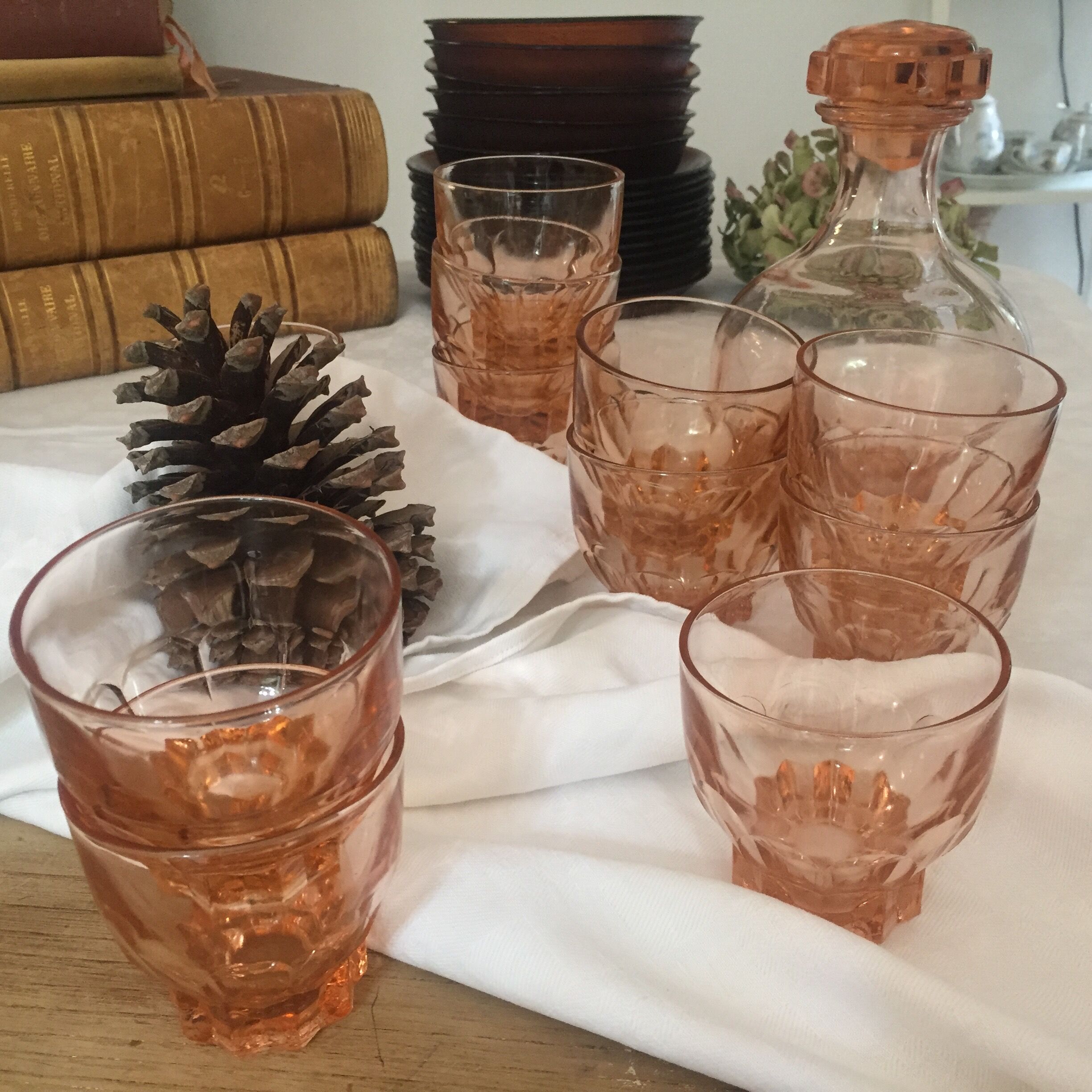 11 pink glasses and carafe