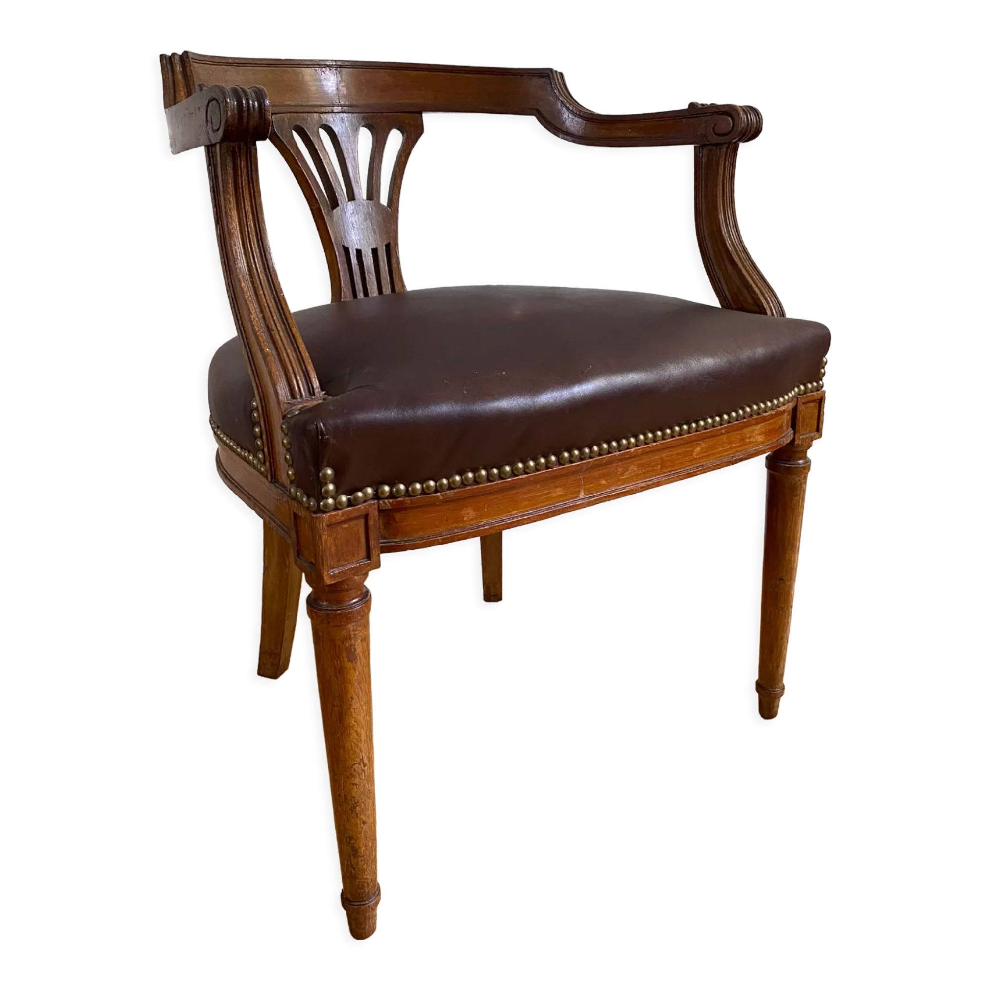 Vintage office chair in wood and brown studded leather late nineteenth