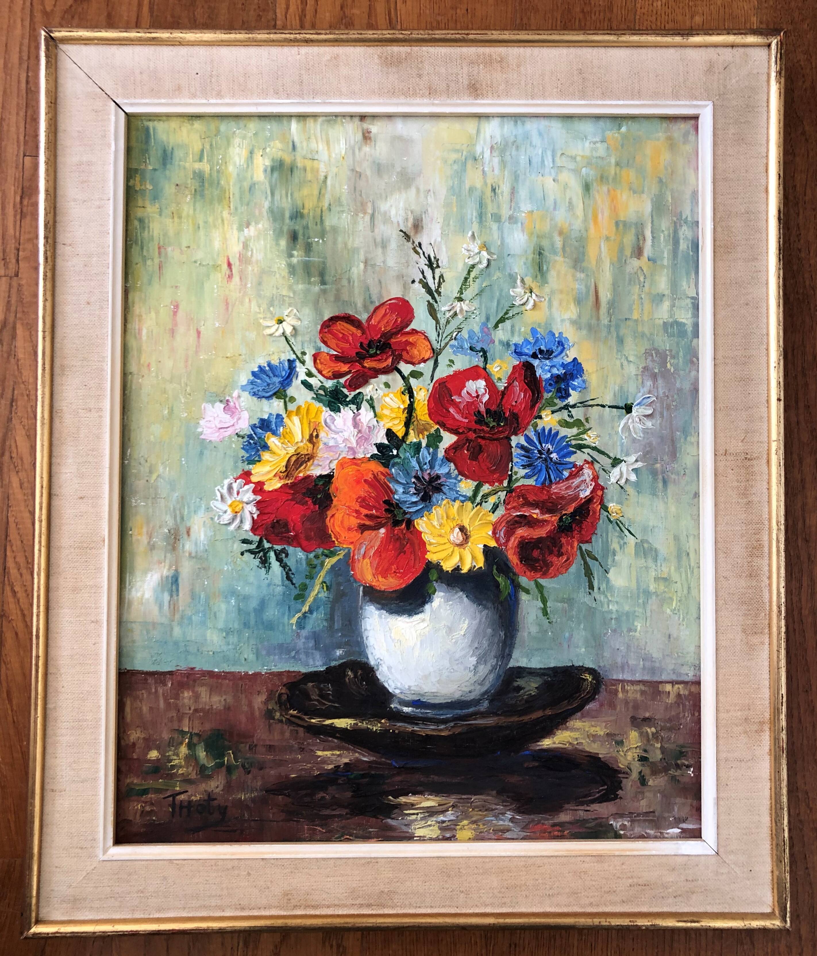 Oil on canvas still life with bouquet of flowers
