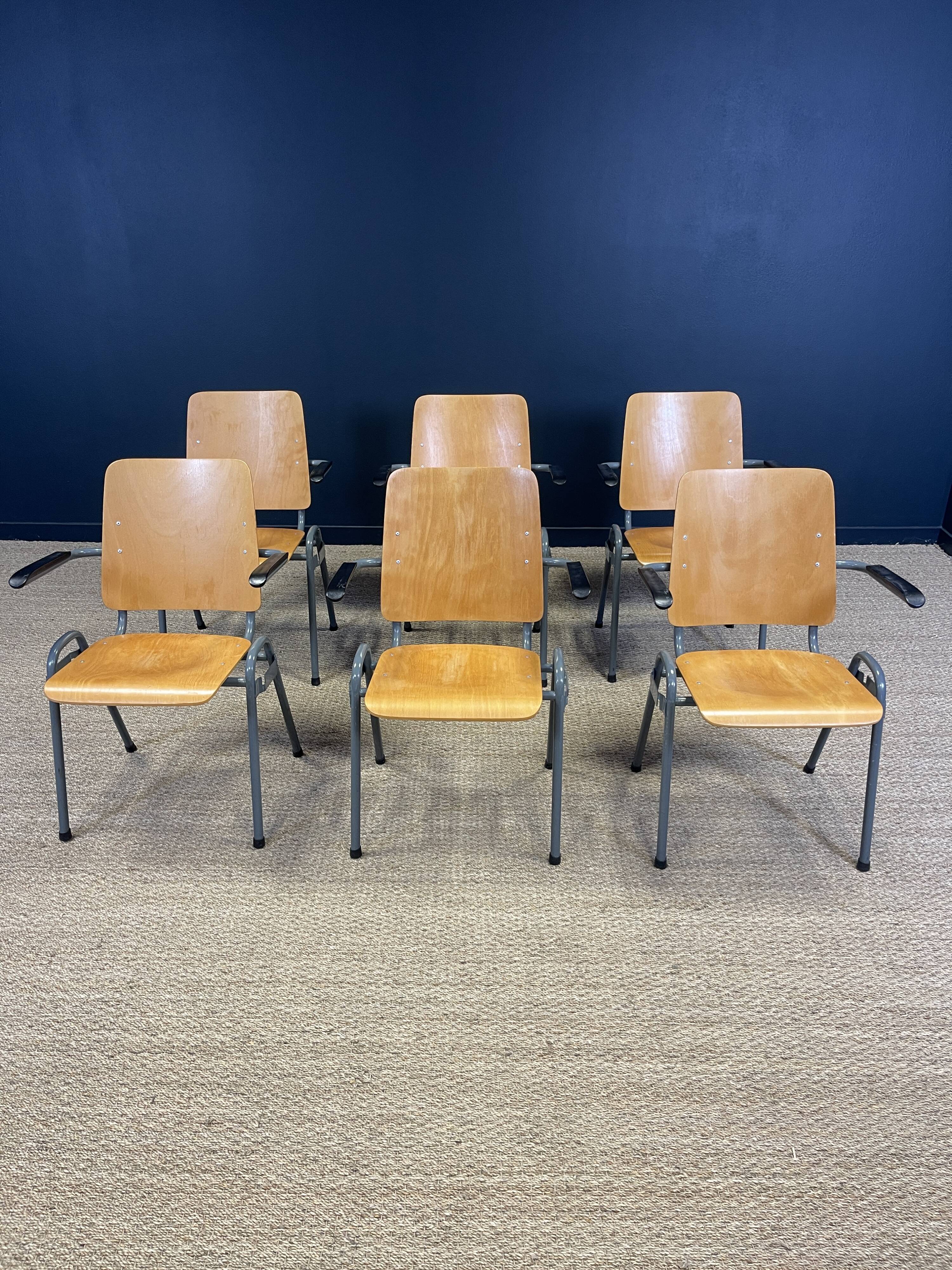 Set of 6 school armchairs with high wooden backs and anthracite grey legs, Netherlands