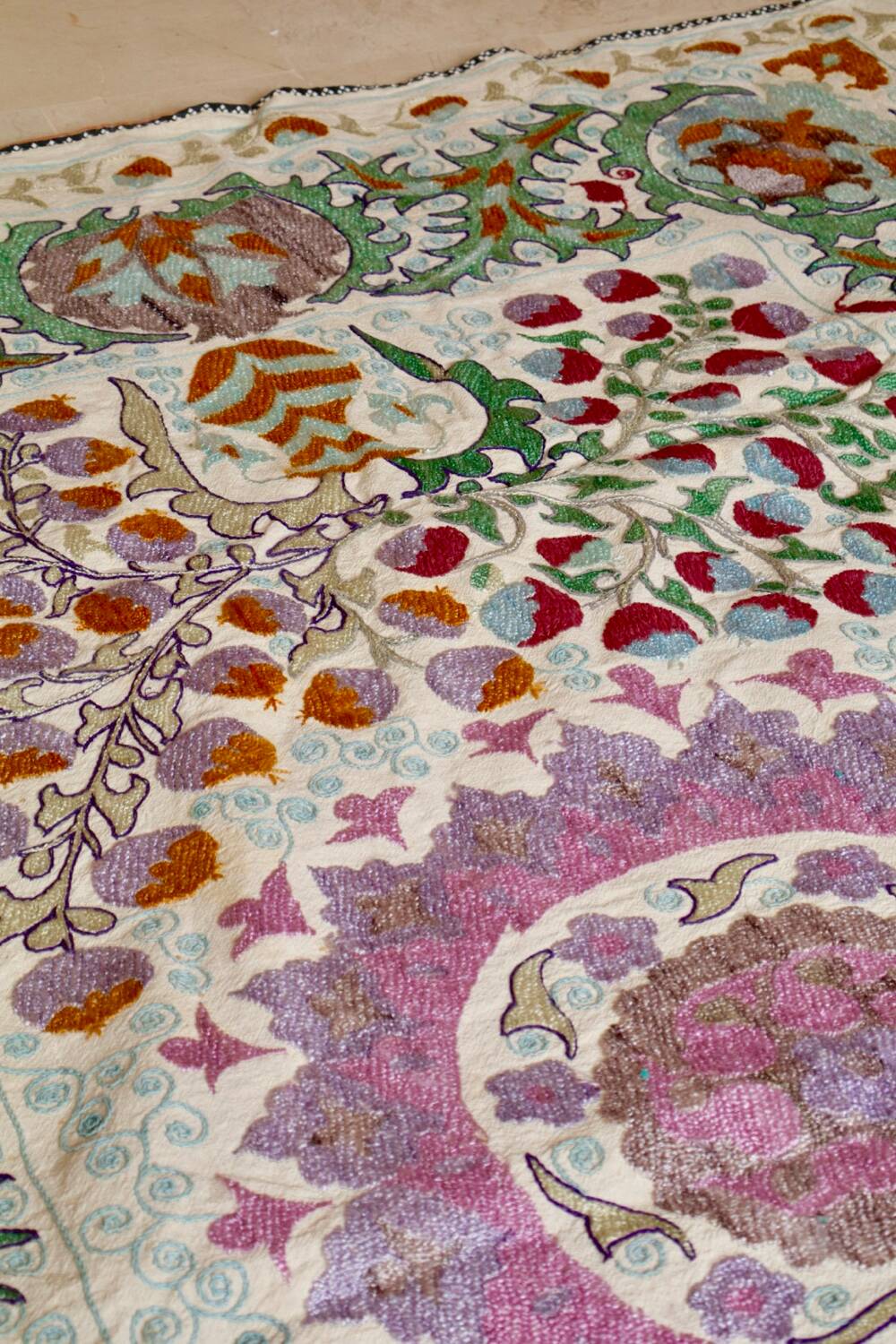 Antique hand embroidered silk suzani bedspread