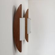 Pair of vintage wall lights in thermoformed wood and opaline glass, France, 1980.