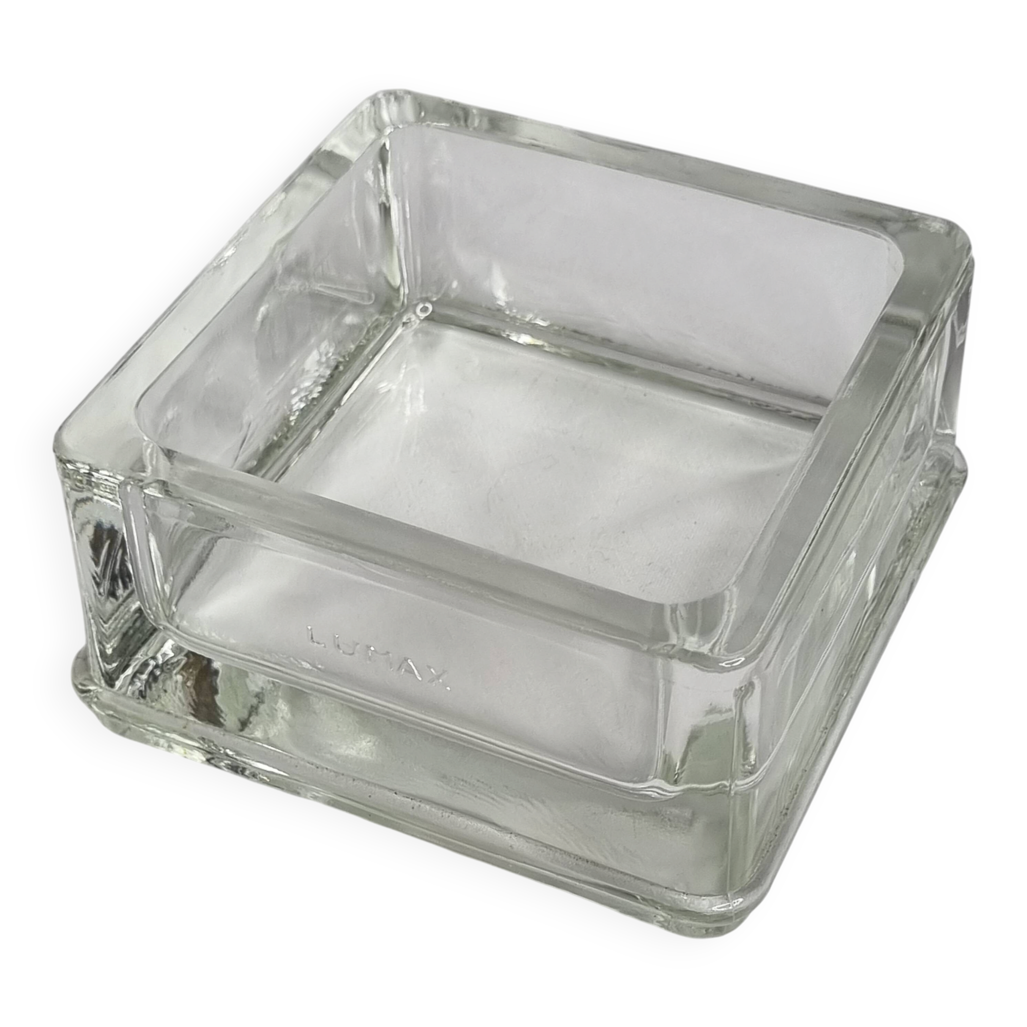 Vintage square Lumax catchall in thick transparent glass 11 x 11 x 6 cm