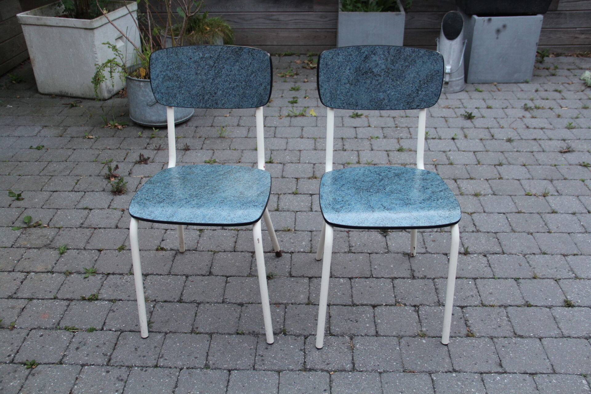 2 blue Formica cjaises, circa 1950