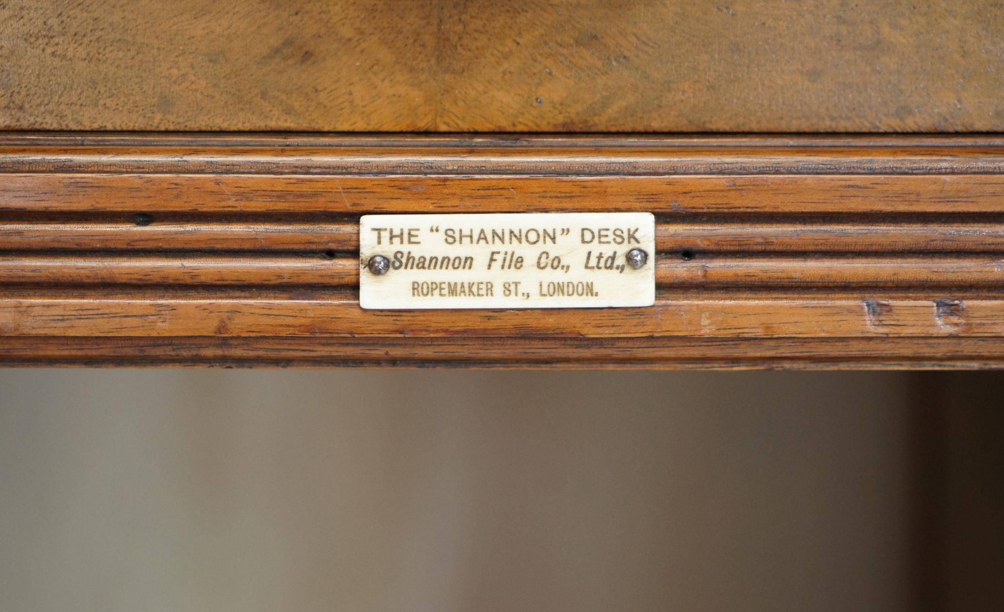 Shannon File Co drum desk in Victorian walnut with certificate.