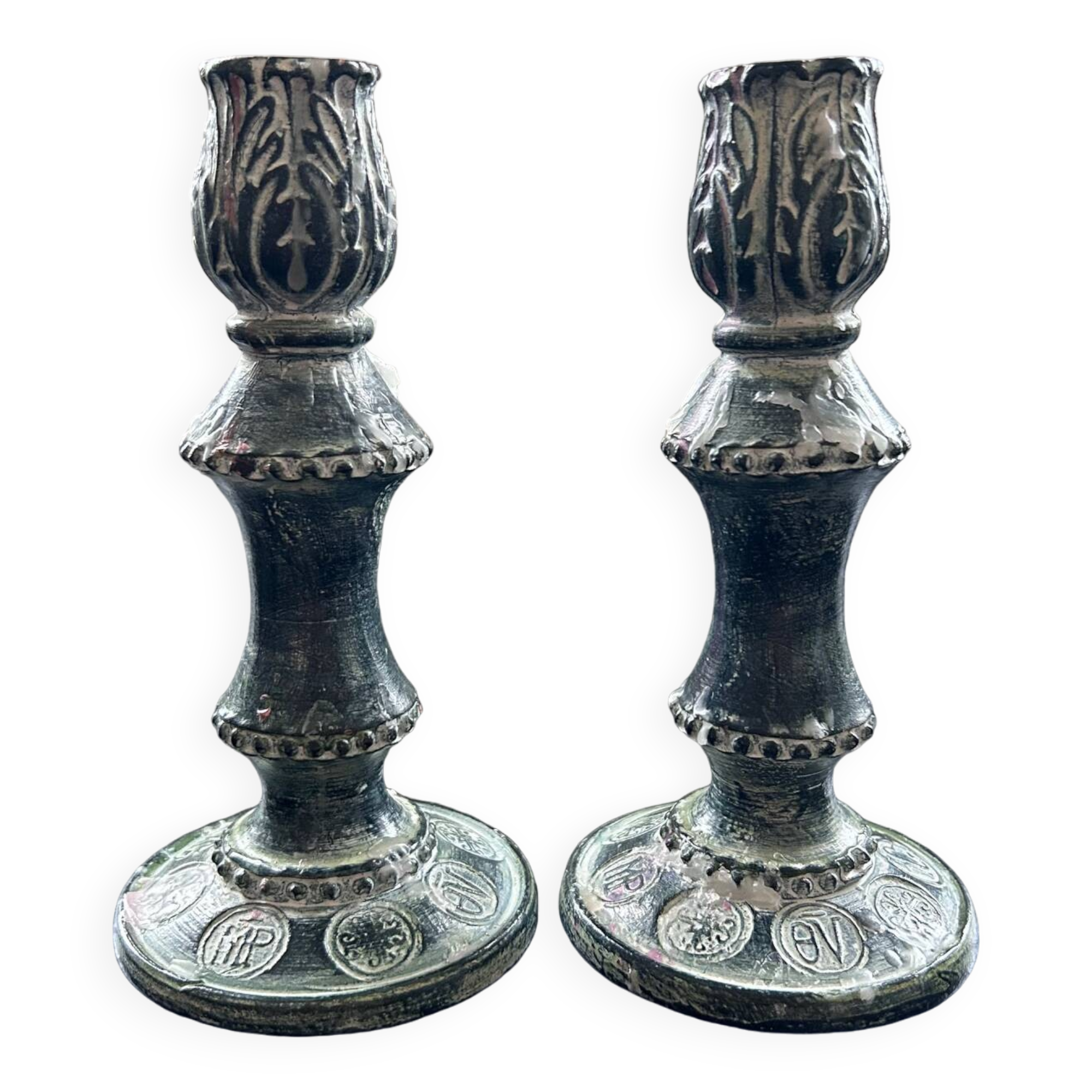 Pair of green ceramic candlesticks