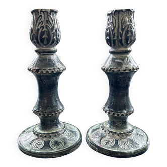 Pair of bronze green candlesticks