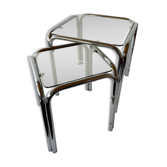 Tables gigognes chromées et en verre fumé, années 1970