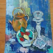 Tableau , gouache , cruche , lampe de dentellière , Provence