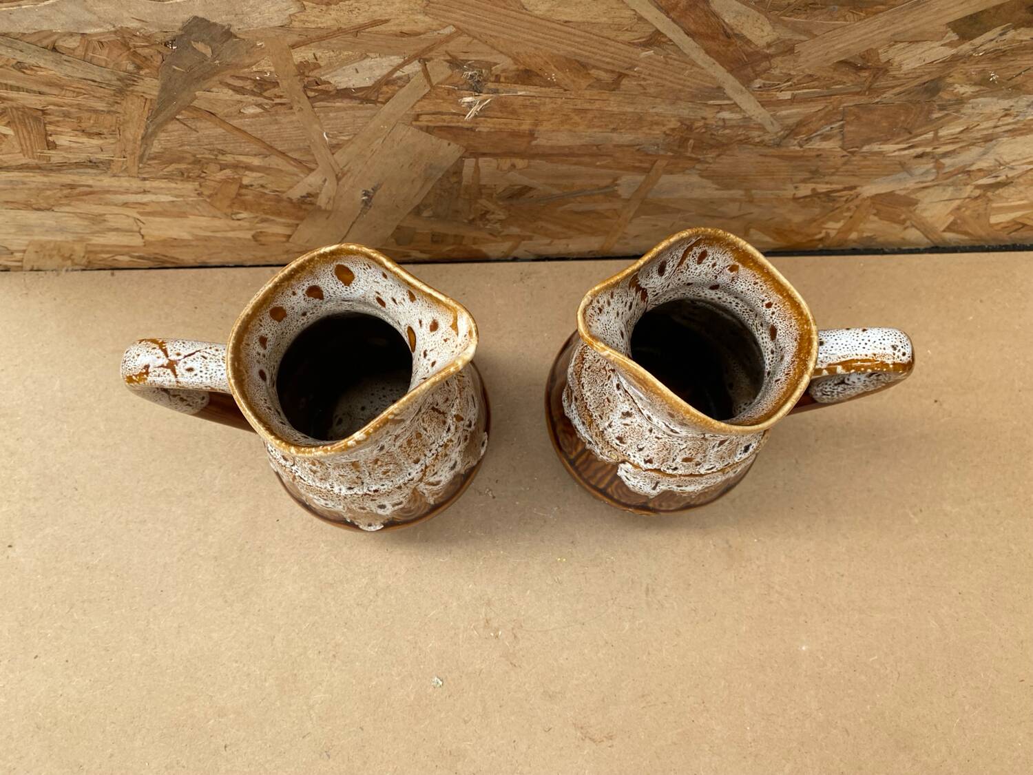 Pair Antique Brown Ceramic Barrel Shaped Pitchers Vintage