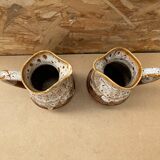 Pair Antique Brown Ceramic Barrel Shaped Pitchers Vintage