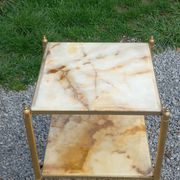 Pair of neoclassical side tables in bronze, brass, marble, and o.