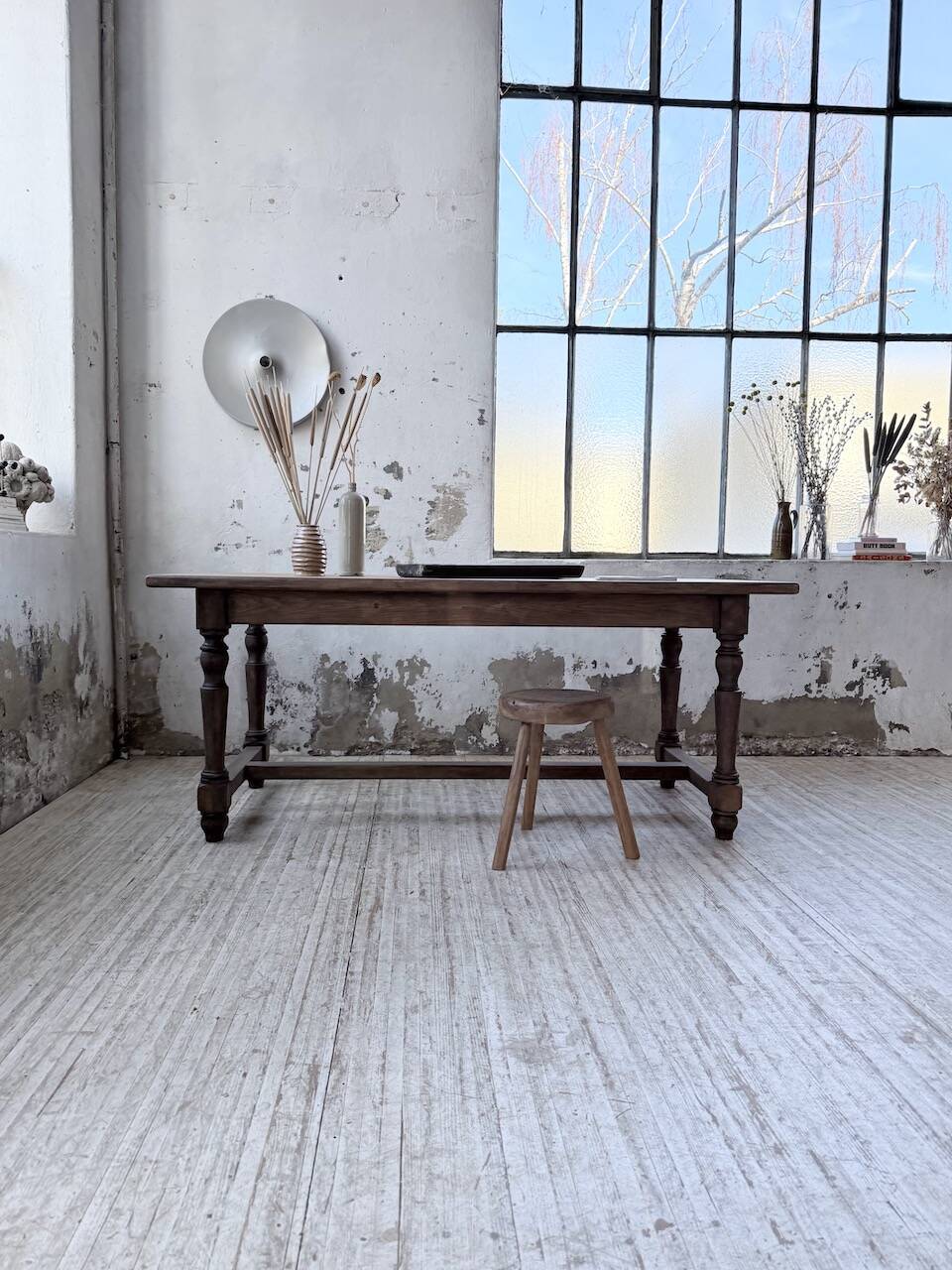 Farm table with turned legs, made of pine and birch, 180cm.