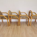 Set of 4 Vintage Beech Wood Dining Chairs: 1970s Space Age Gray Fabric