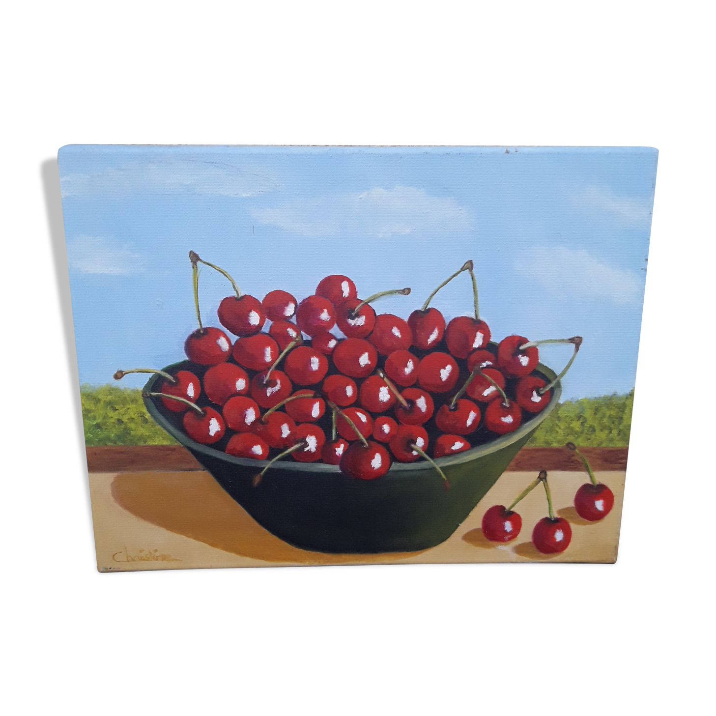 Oil on canvas Cherry basket by Christine 35.5 x 27 cm