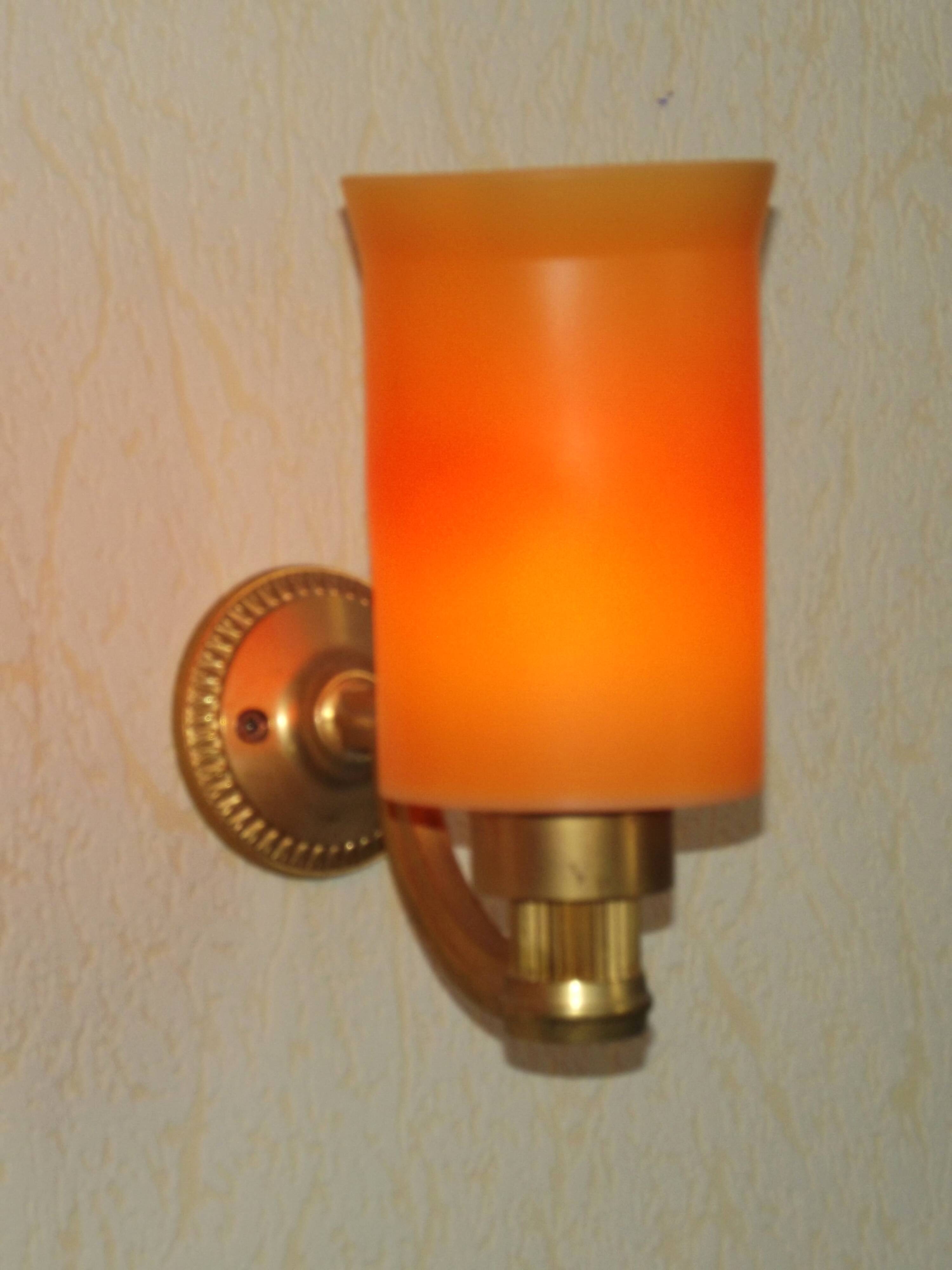 Pair French Vintage 1960s Retro Single Wall Lights Brass & Orange Acrylic