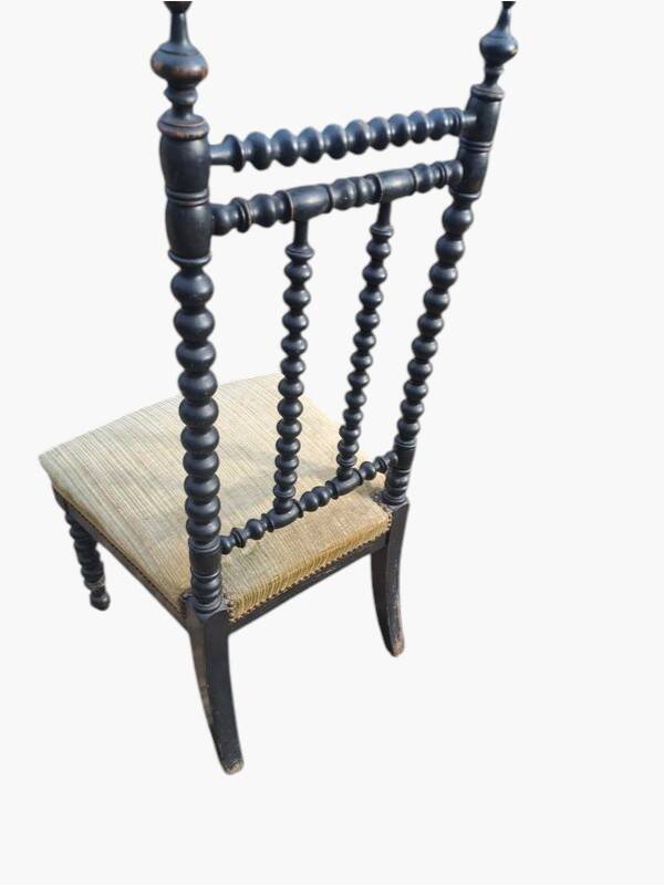 Pair of vintage twisted black wood chairs – Light green fabric seats
