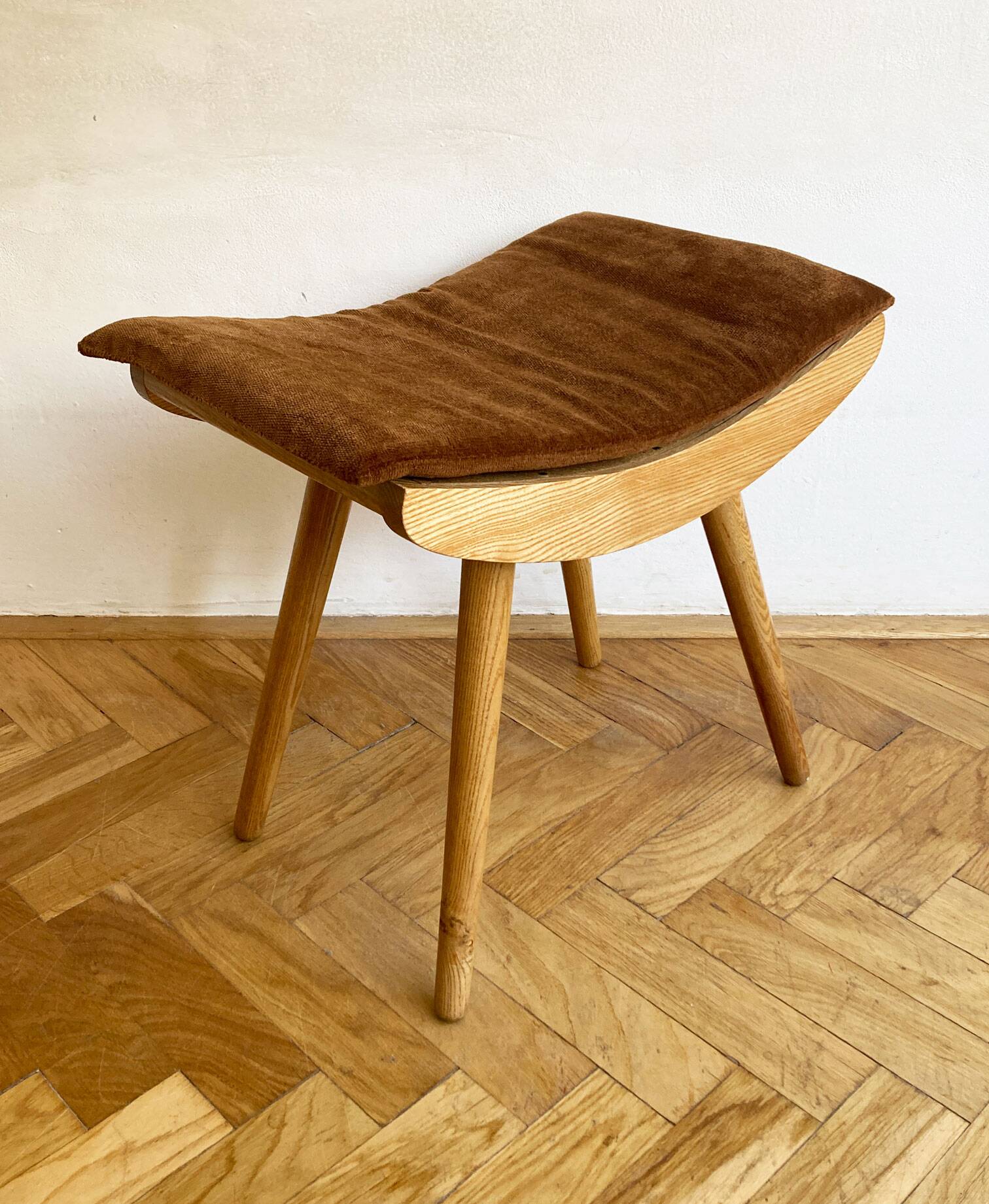 1970's Mid-Century Modern Beechwood Stool with New Upholstery