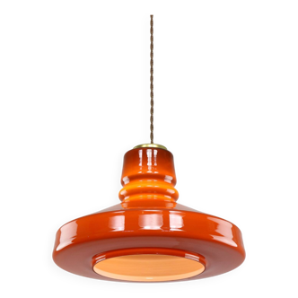 Lampe à suspension italienne moderne du milieu du siècle en verre brun et laiton