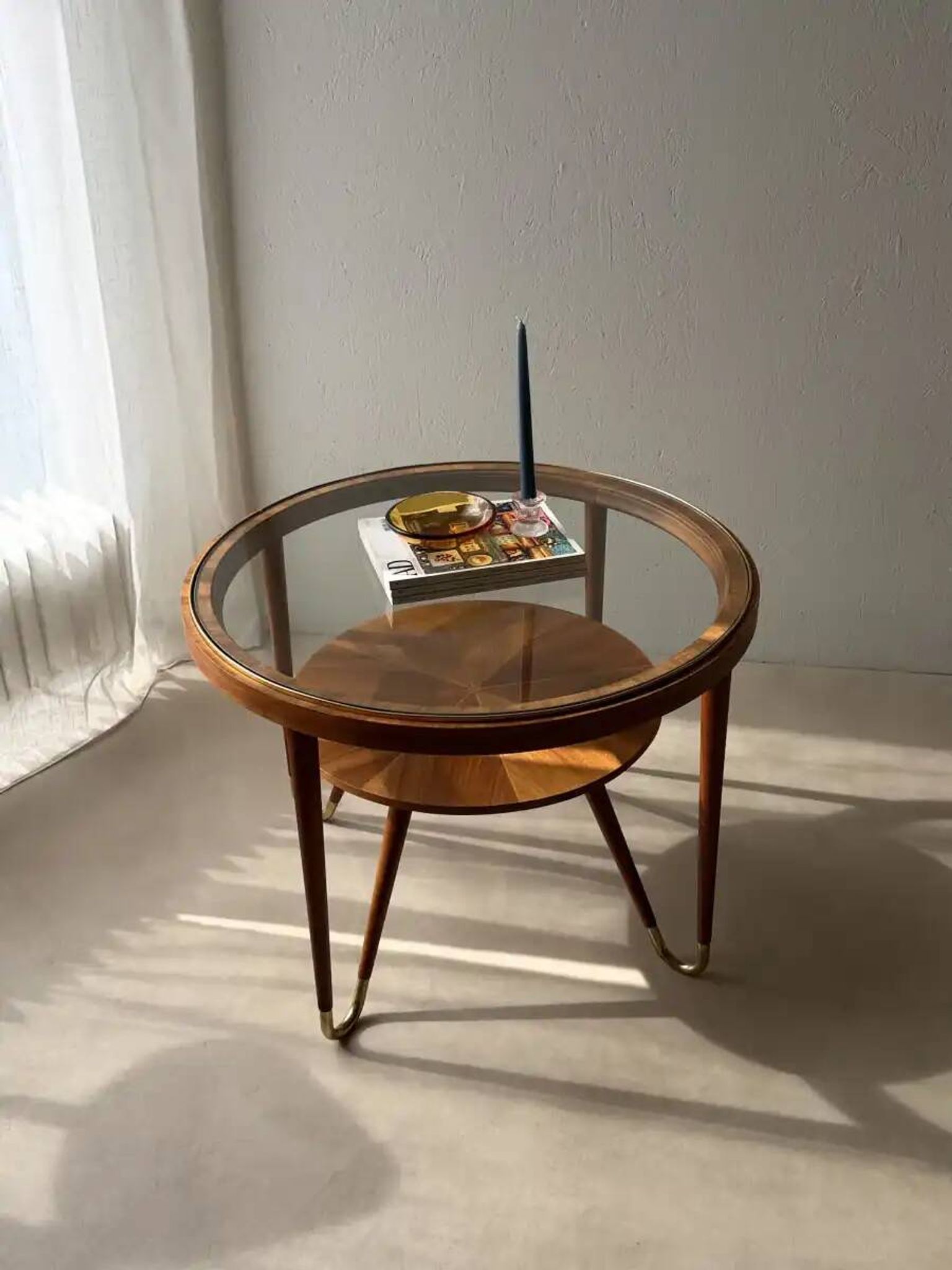 Round walnut coffee table with glass by Ilse Möbel