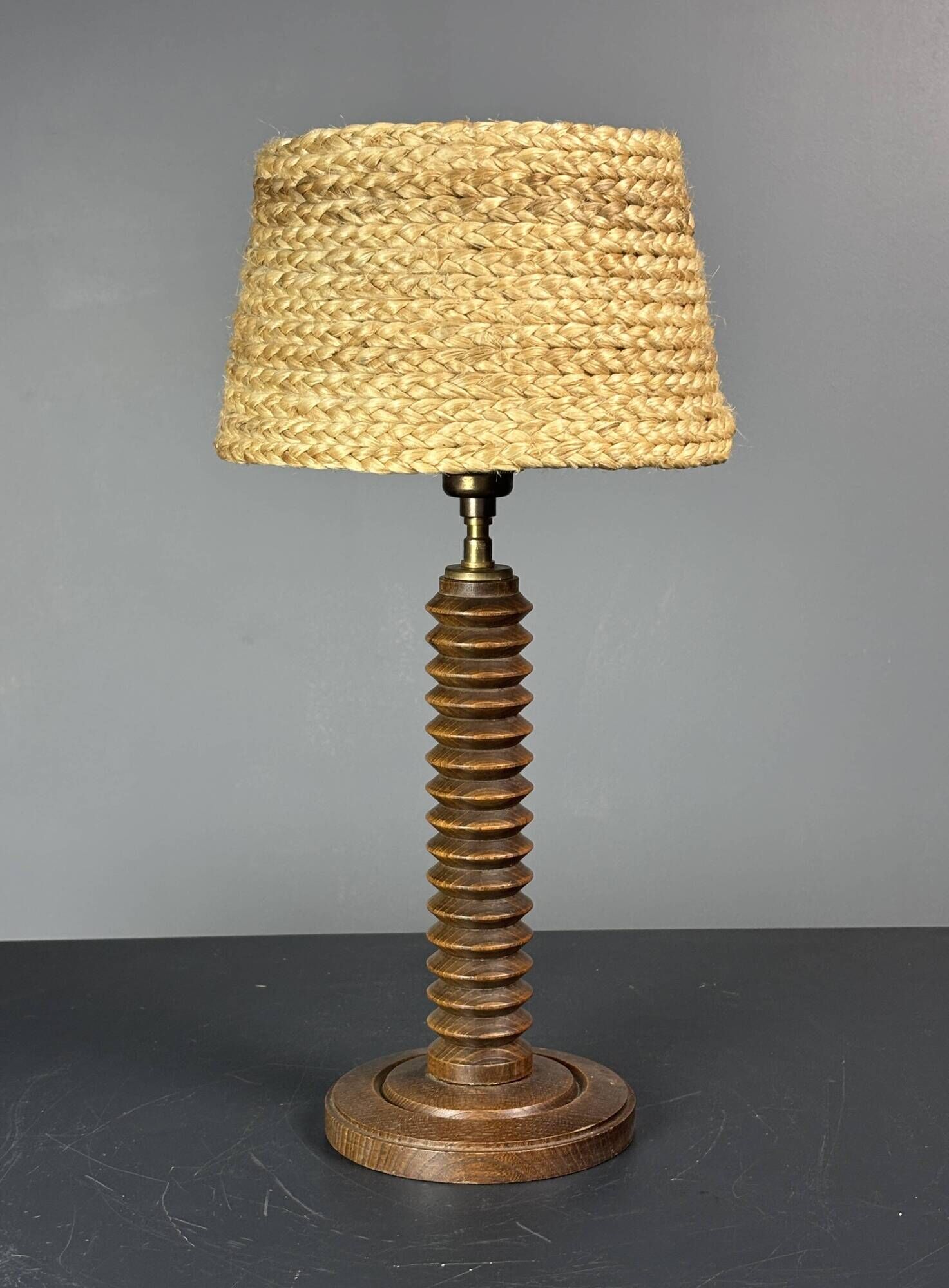 Midcentury French brutalist wood turned table lamp, Charles Dudouyt style
