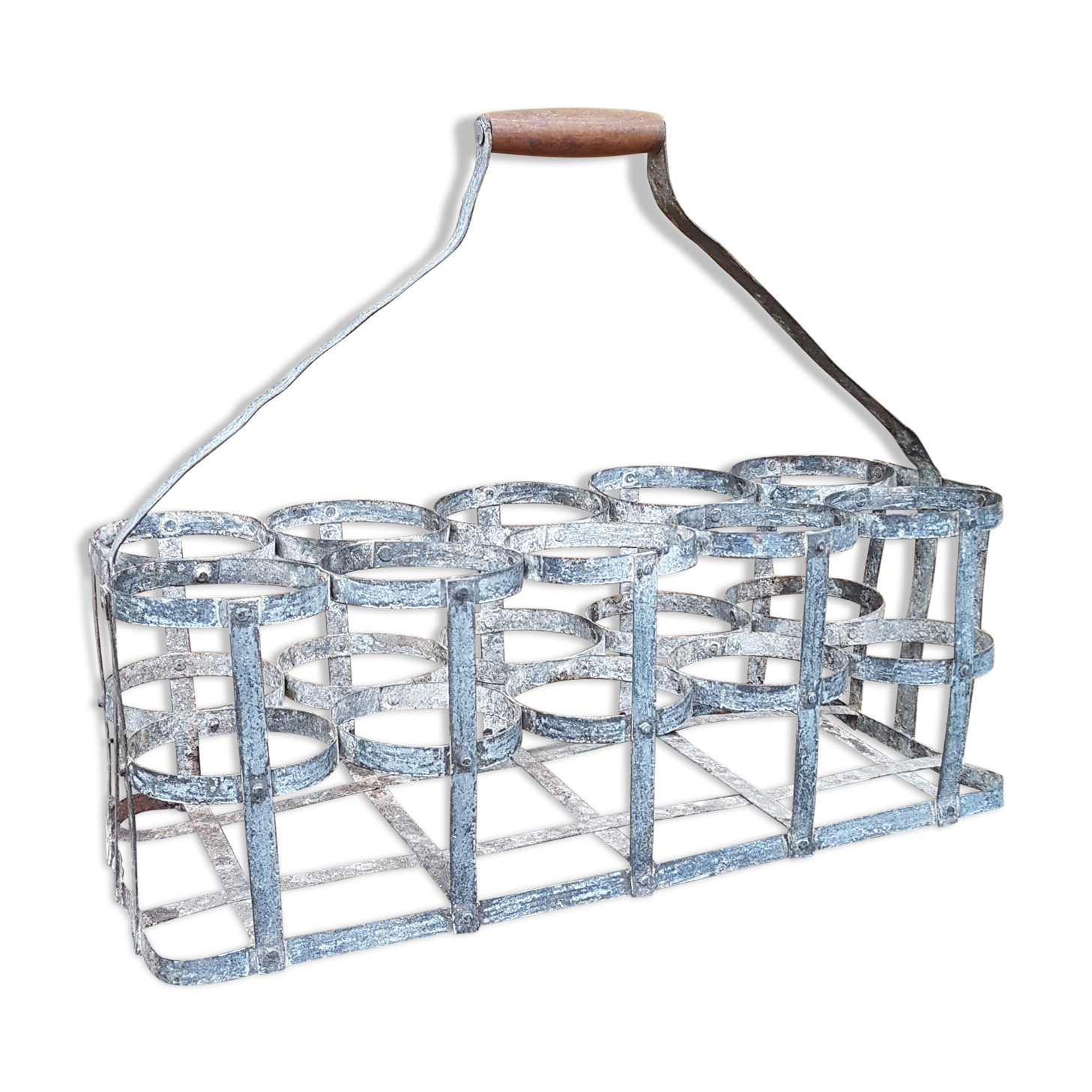 Large old zinc bottle basket