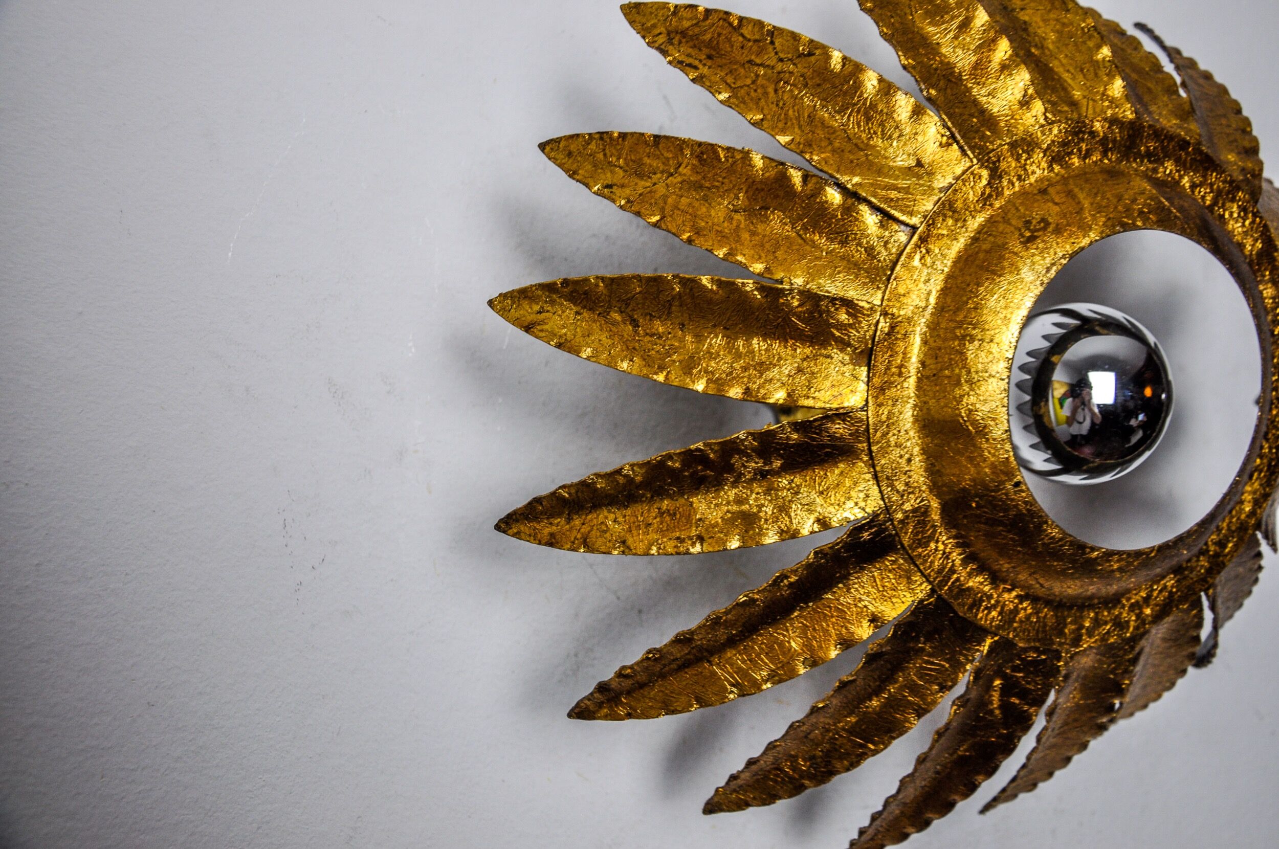 Sun wall lamp by ferro arte, metal and gold leaf, Spain, 1960