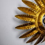 Sun wall lamp by ferro arte, metal and gold leaf, Spain, 1960