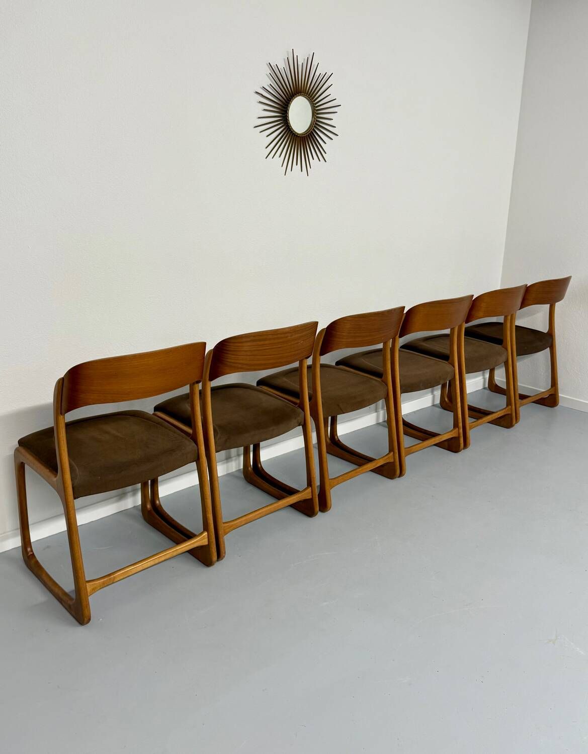 Set of 6 Baumann sleigh chairs in wood and brown fabric, original 1960s
