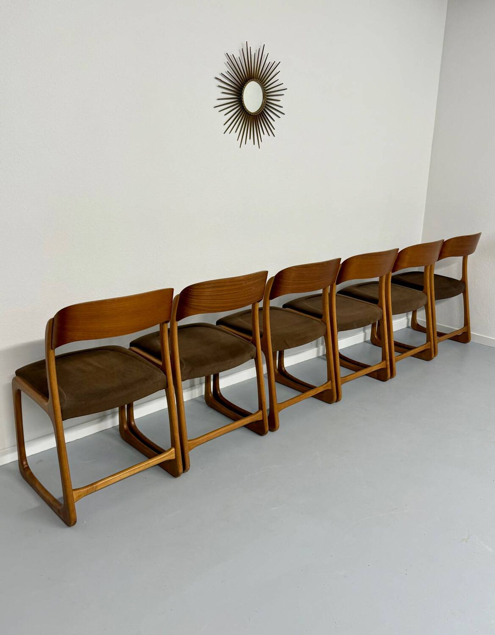 Set of 6 Baumann sleigh chairs in wood and brown fabric, original 1960s