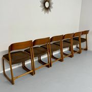 Set of 6 Baumann sleigh chairs in wood and brown fabric, original 1960s