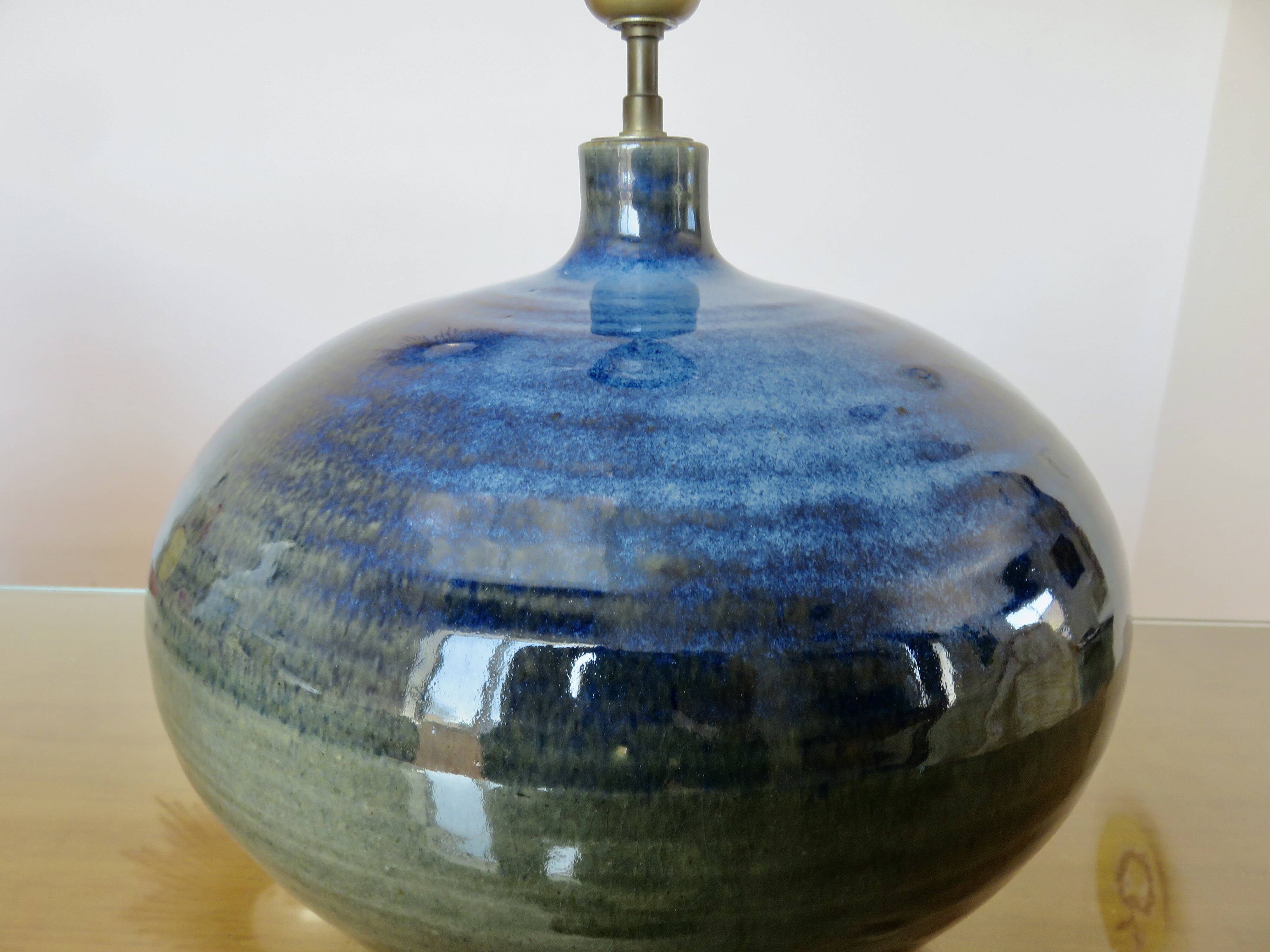 Impressive iridescent blue ceramic lamp with a gradient of green, circa 1960.