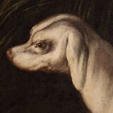 Tableau ancien du 18ème siècle, paysage avec chien